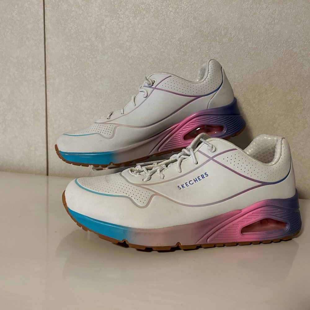 SKECHERS Sz 9 White w/ Pink & Blue Details Slip-on Sneakers